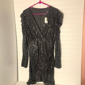 XXBLACK Women's Black Sequin V Neck Long Sleeve Ruched Dress Size L